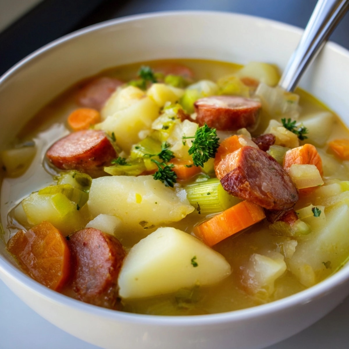 Close-up of German potato soup, speckled with fresh parsley, served in a rustic bowl.