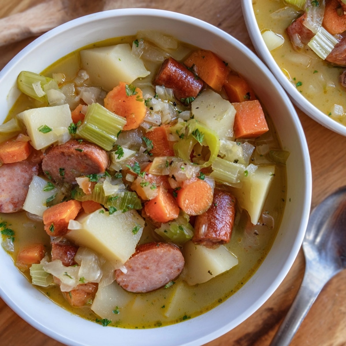 Homemade German potato soup with smoked sausage, ready to serve, a comforting one-pot meal.