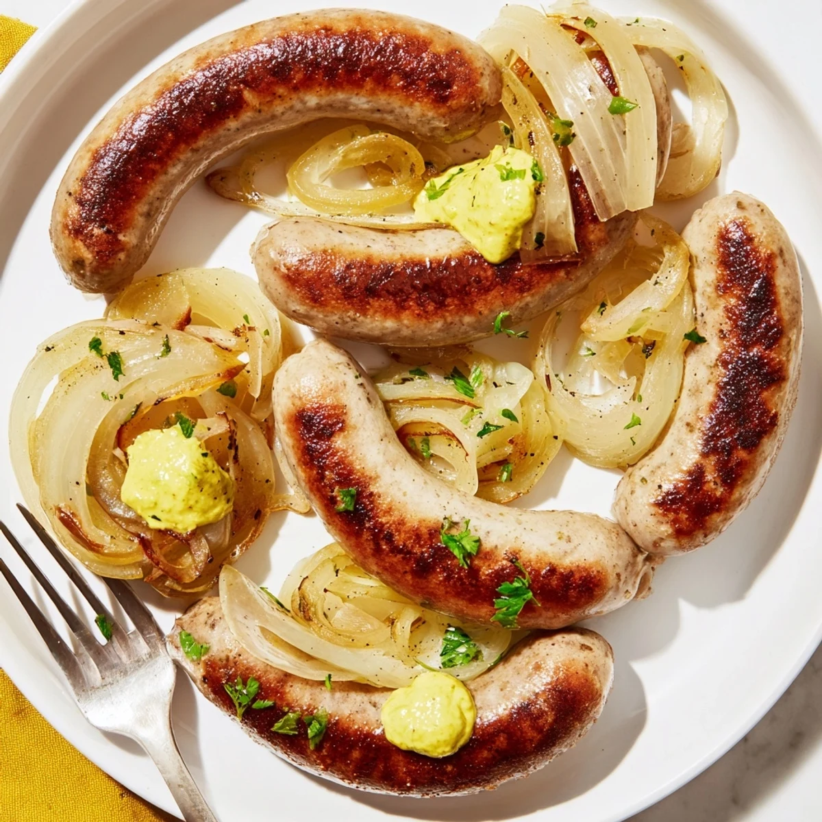 Saftige, in der Pfanne gebratene Bratwürste, serviert mit karamellisierten Zwiebeln und Senf. 