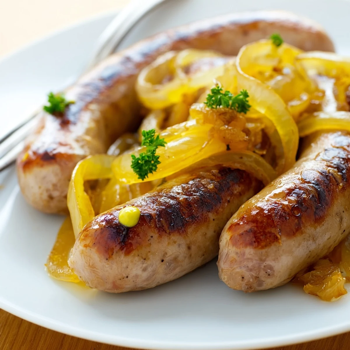 Köstliche Pan-Fried Bratwurst, perfekt gebräunt, mit knusprigen Brötchen und Petersilie. 