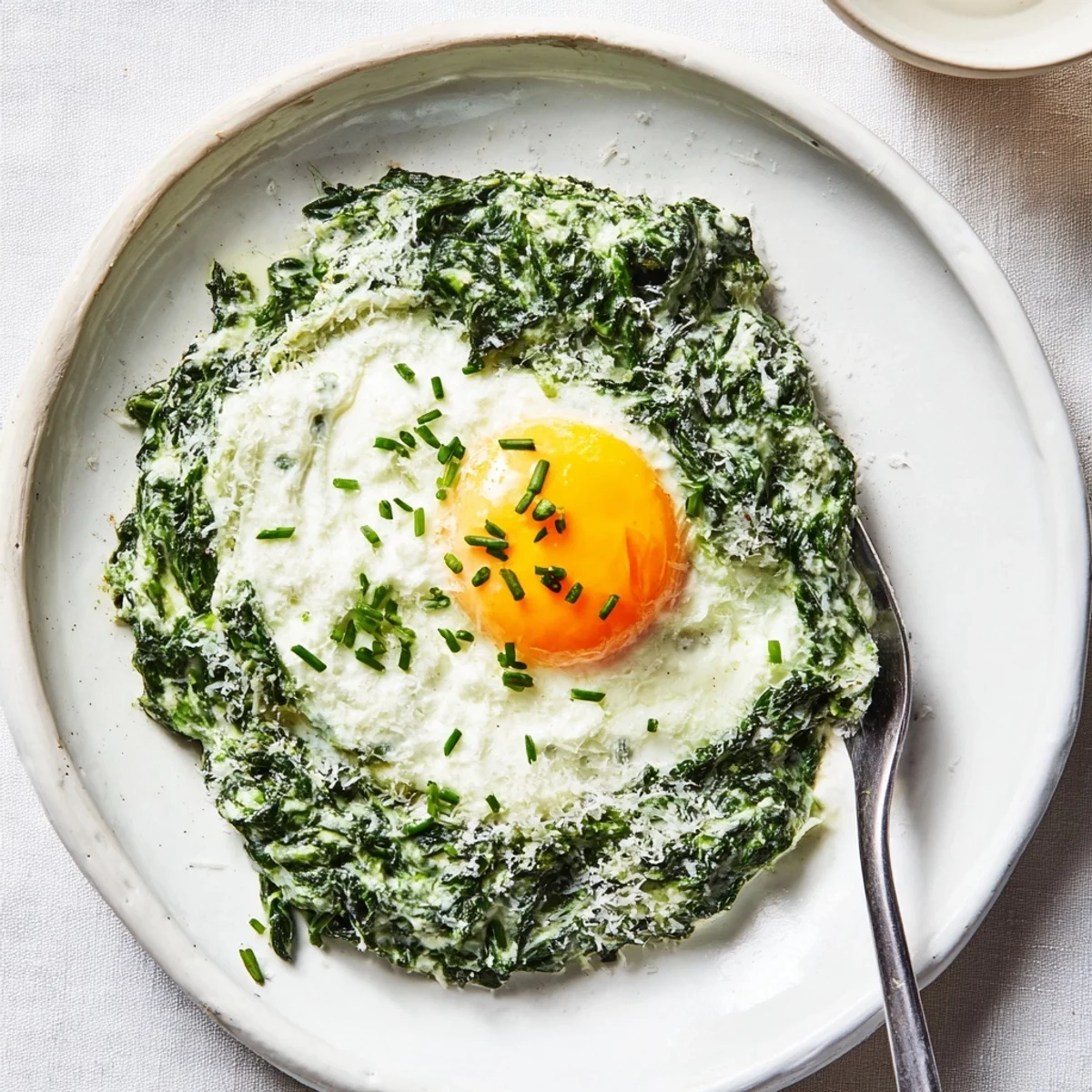 Cremiger Spinat mit befrorenem Ei, garniert mit Parmesan und frischen Kräutern.