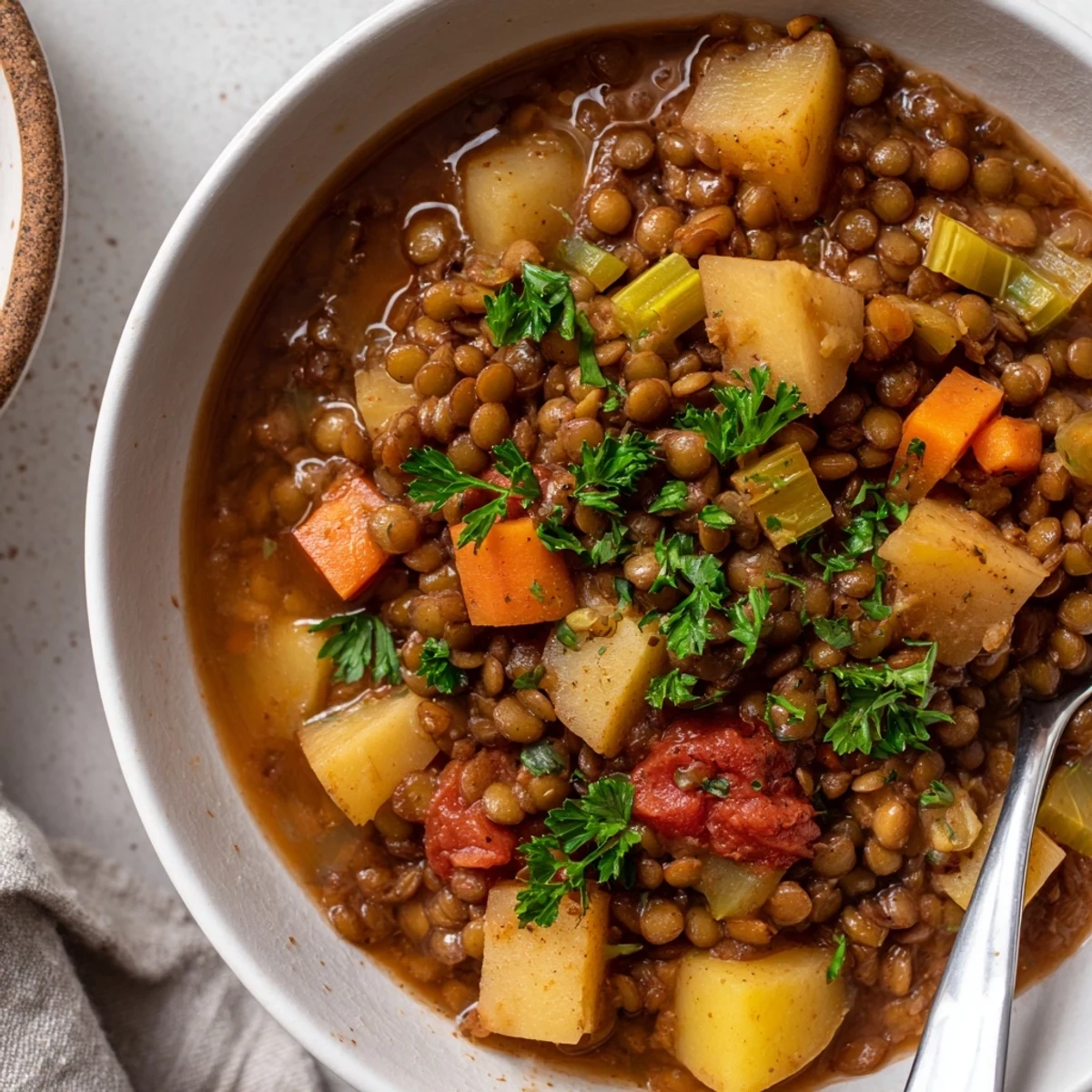 Aromatischer Linsen-Eintopf köchelt langsam mit Gewürzen für gemütliche Abende.
