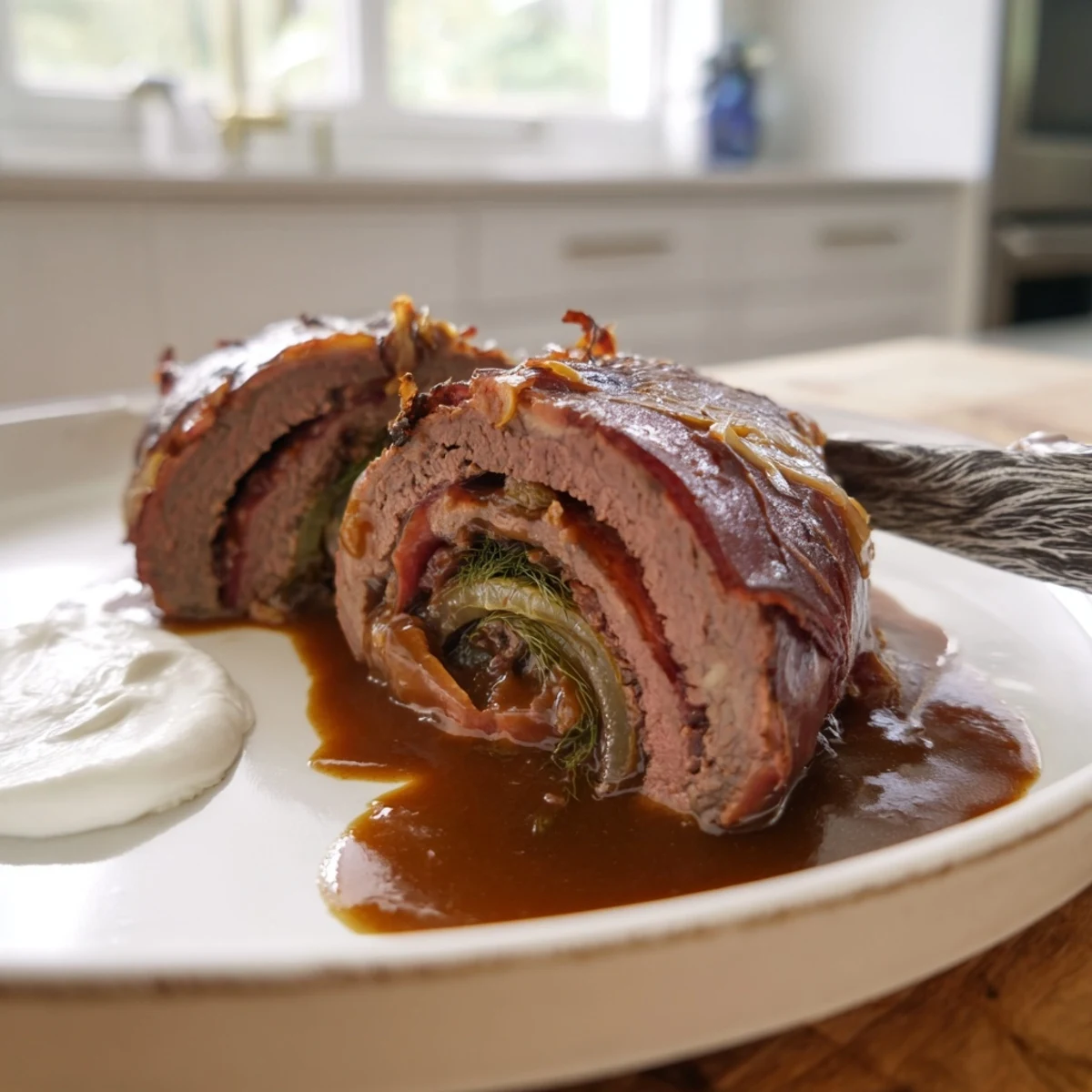 Herzhaft gefüllte Rinderrouladen, perfekt geschmort, ideal für ein Familienessen.