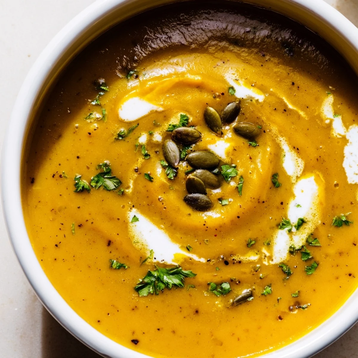 Eine dampfende Schüssel gerösteter Kürbissuppe mit Knoblauch und aromatischen Gewürzen.  