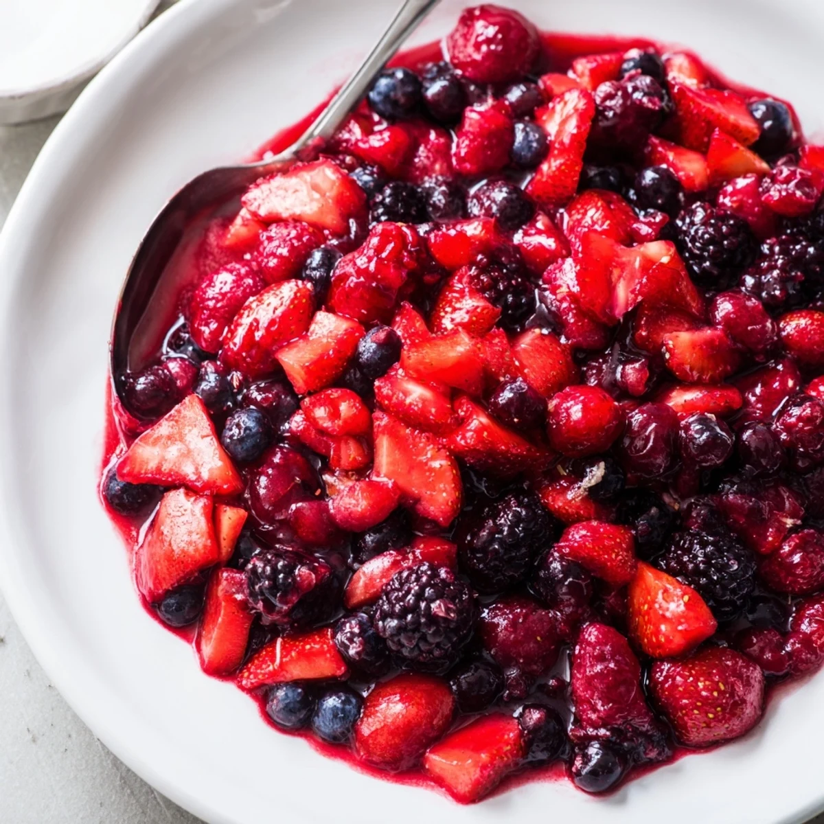 Bunte Warmbeerenkompott in einer Schüssel, perfekt für Pancakes oder Joghurt.  