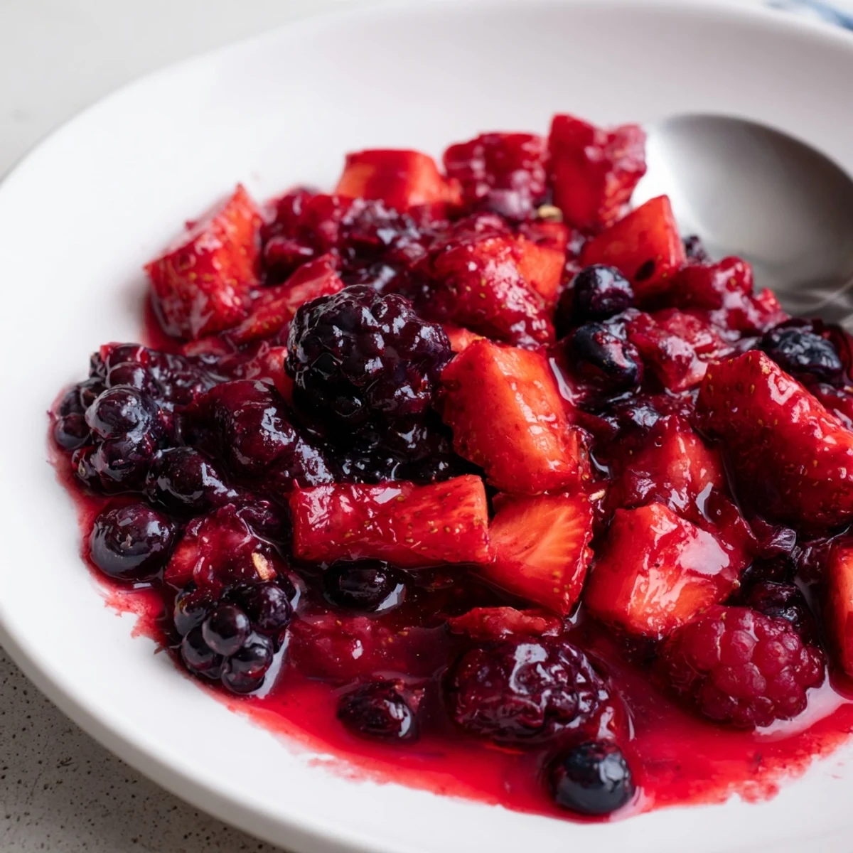 Eine köstliche Schicht Warmbeerenkompott über Eiscreme, frisch und fruchtig.  