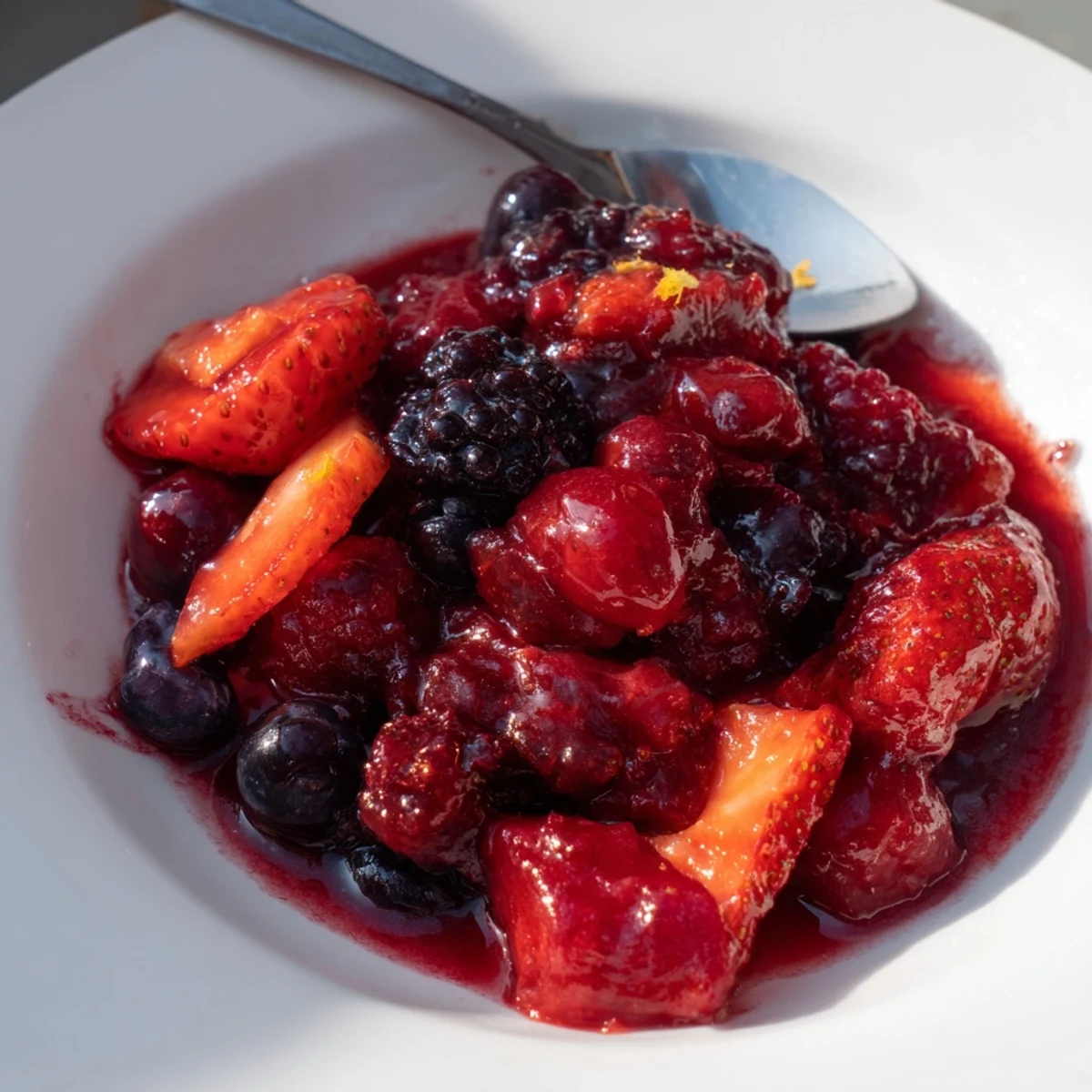 Rote und blaue Beeren im Warmbeerenkompott, ideal als Desserttopping verwendet.