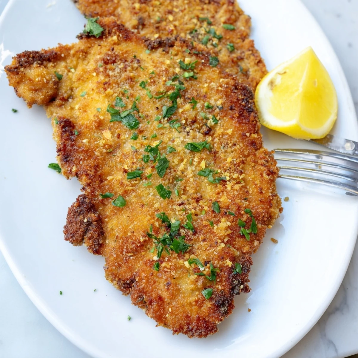 Zartes Schweinekotelett in knuspriger Panade, serviert mit frischen Zitronenspalten.  