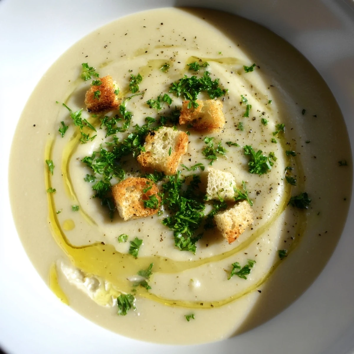 Creamy garlic potato soup, smooth and inviting, garnished with fresh parsley and croutons for serving.