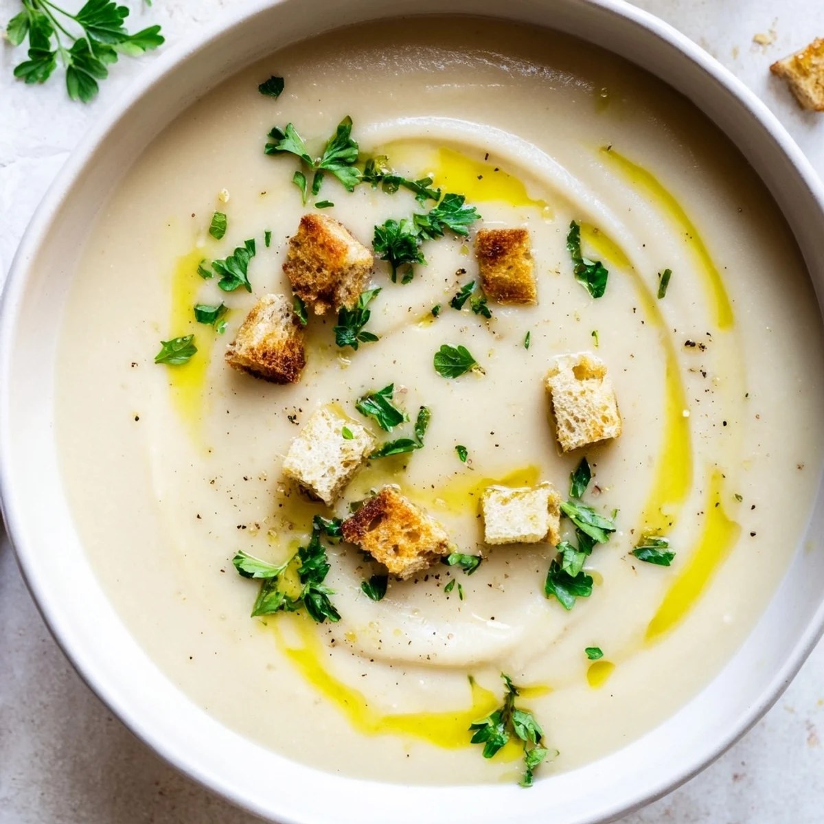 This vegan creamy garlic potato soup, full of roasted garlic, simmers in a large pot for an easy dinner.