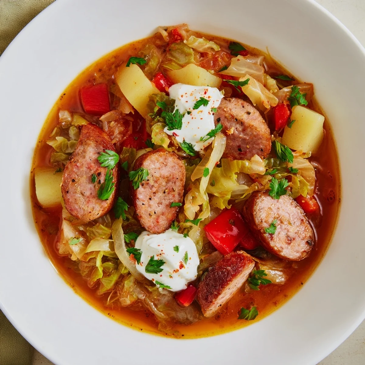 Hearty Effortless Sausage and Cabbage Stew with tender vegetables, ready to serve, perfect for dinner.