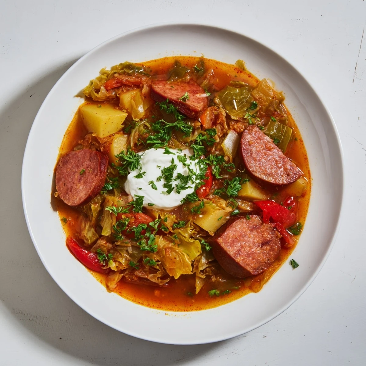 Smoky sliced sausage and cabbage simmer in the flavorful Effortless Sausage and Cabbage Stew, delicious!