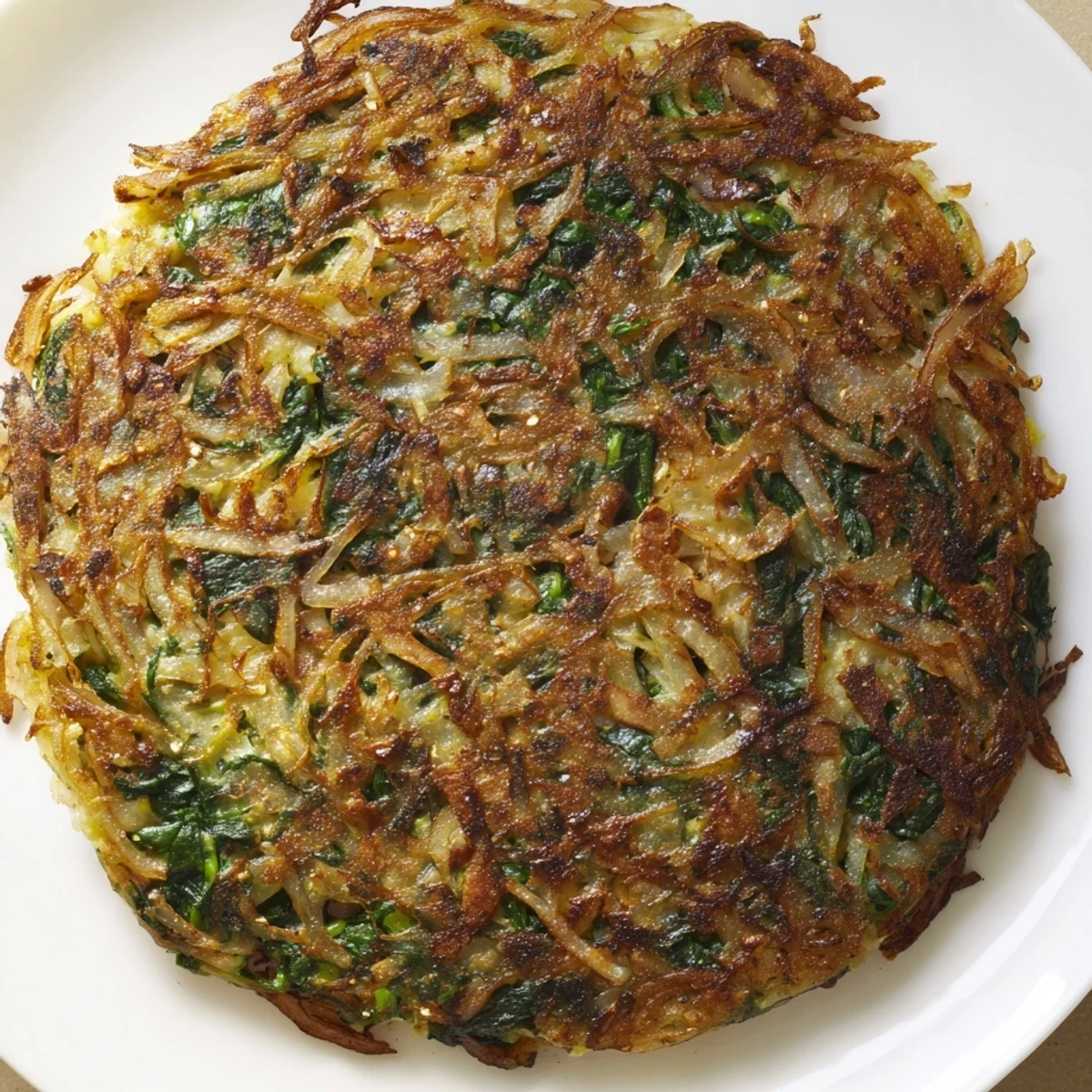 Crispy golden potato & spinach rösti, a flavorful Swiss-inspired skillet cake, ready to eat.