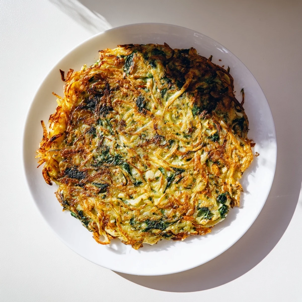 Close-up of baked healthy potato & spinach rösti; the perfect side dish, with spinach visible.