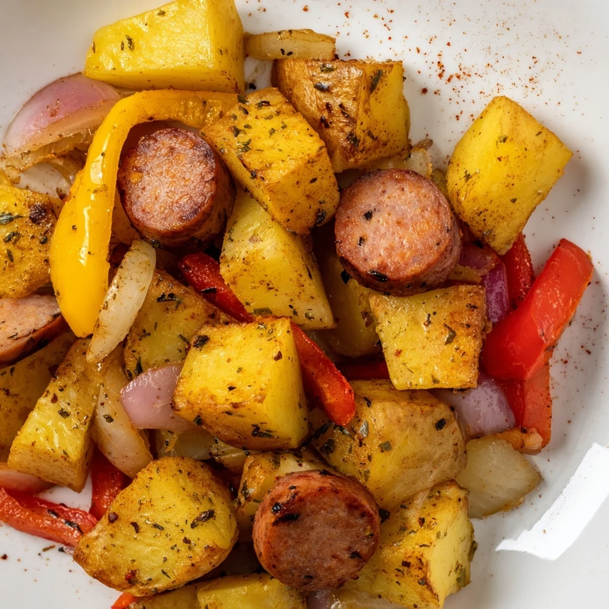 Smoky 1-Pot Kielbasa and Potato Bake, tender potatoes and sausage in a rich broth.