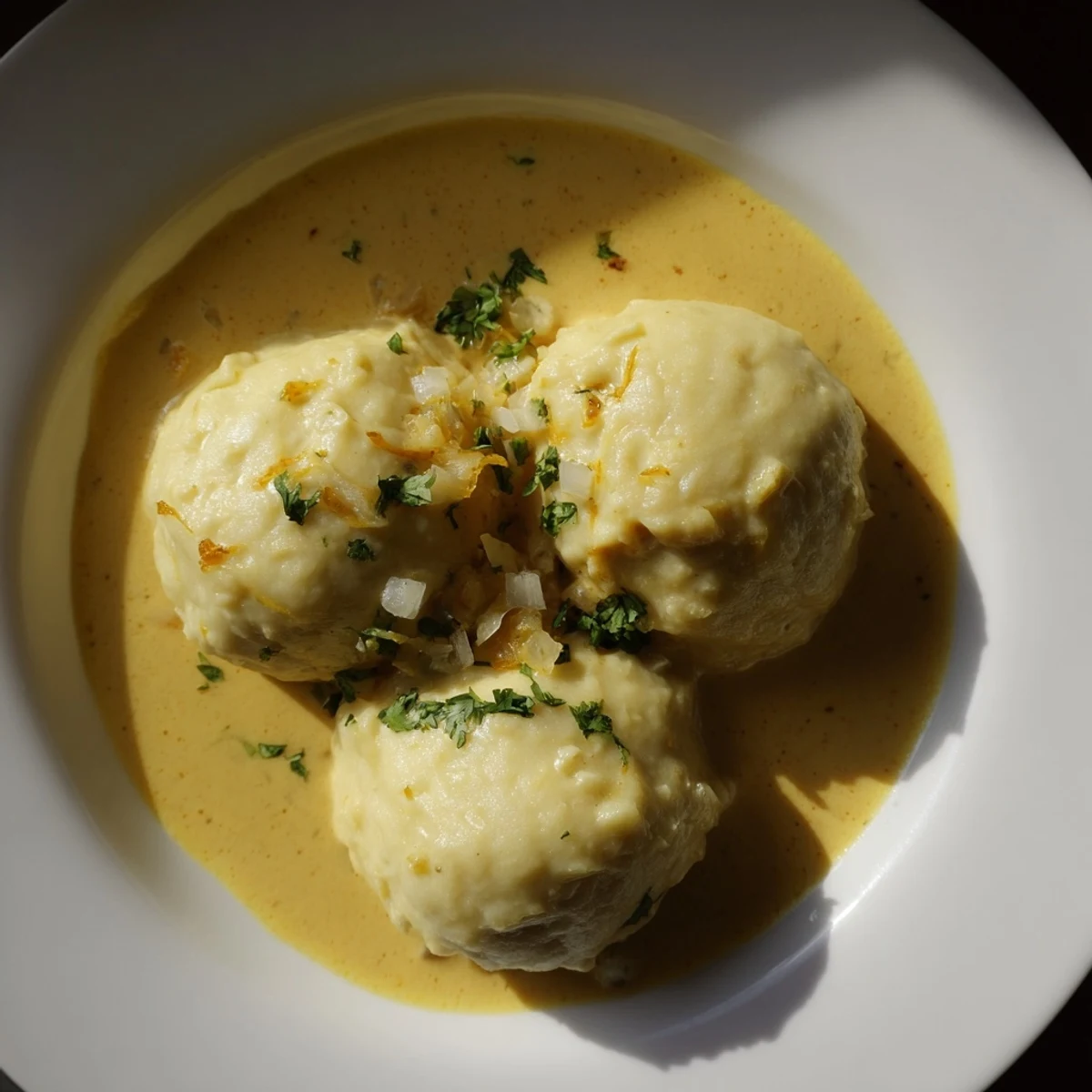 Steaming Curry Comfort Potato Dumplings swimming in a vibrant, spiced curry cream sauce, ready to serve.