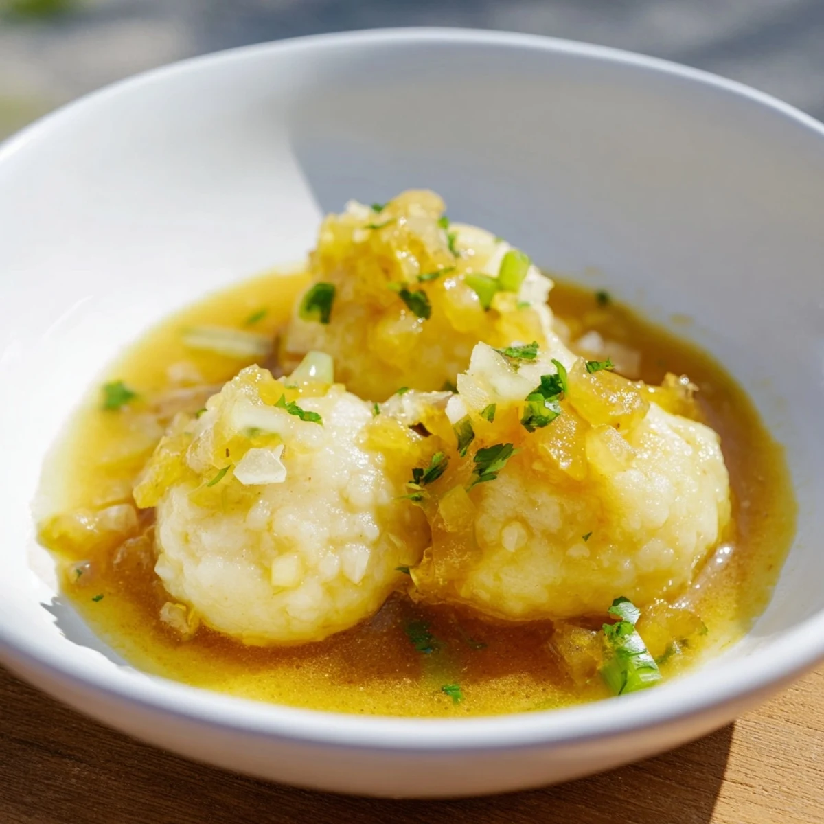 A close-up of fluffy Curry Comfort Potato Dumplings arranged with a rich curry sauce, ready to eat.
