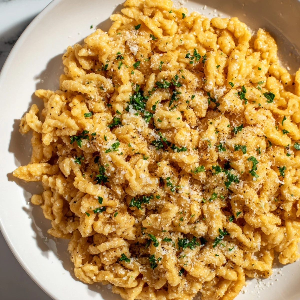 Close-up of perfectly air-fried German spätzle, a flavorful side dish ready for dinner.