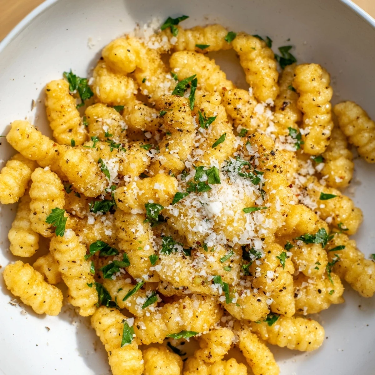Enjoy the delightful crispiness of air fryer German spätzle, garnished ready to serve as a side.