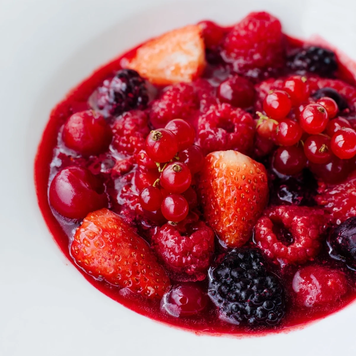 Delicious summer Rote Grütze showcases fresh red berries, beautifully paired with a decadent vanilla sauce.