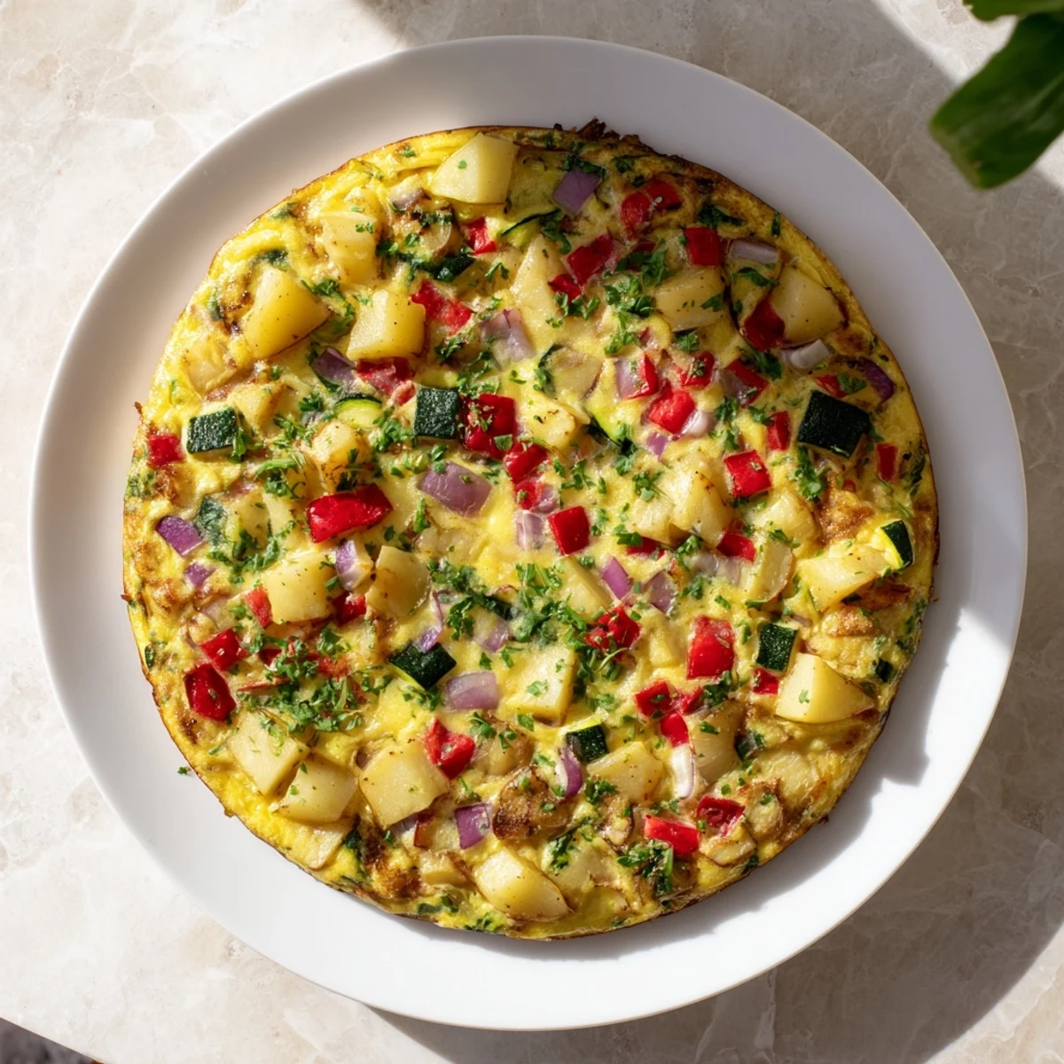 Golden Potato and Vegetable Frittata, with melted cheese and fresh parsley, ready to slice.