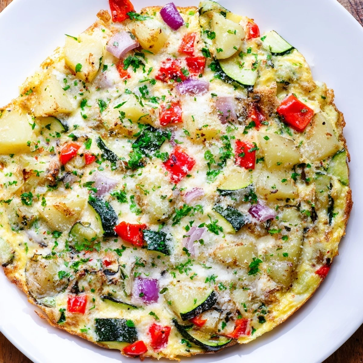 A delicious, fluffy Potato and Vegetable Frittata, pictured with fresh ingredients ready to be served.