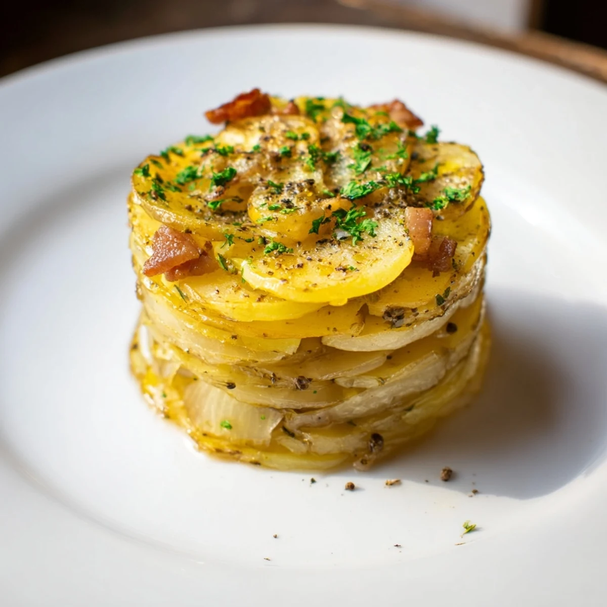 Golden, crispy Simple Fried Potatoes with Onions & Bacon, a hearty German side dish, ready to eat!