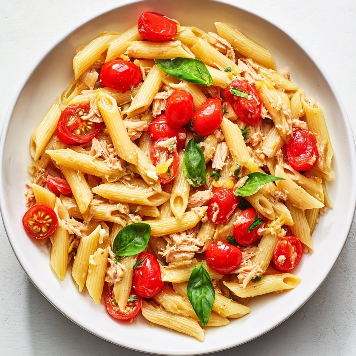 Blitz Pasta mit Tomaten & Thunfisch served with fresh basil, ready for a quick and easy weeknight dinner.