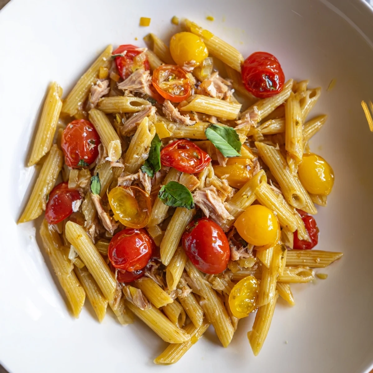 Delicious Blitz Pasta with Tomatoes & Tuna glistening with olive oil, perfect for a satisfying Italian-inspired meal.