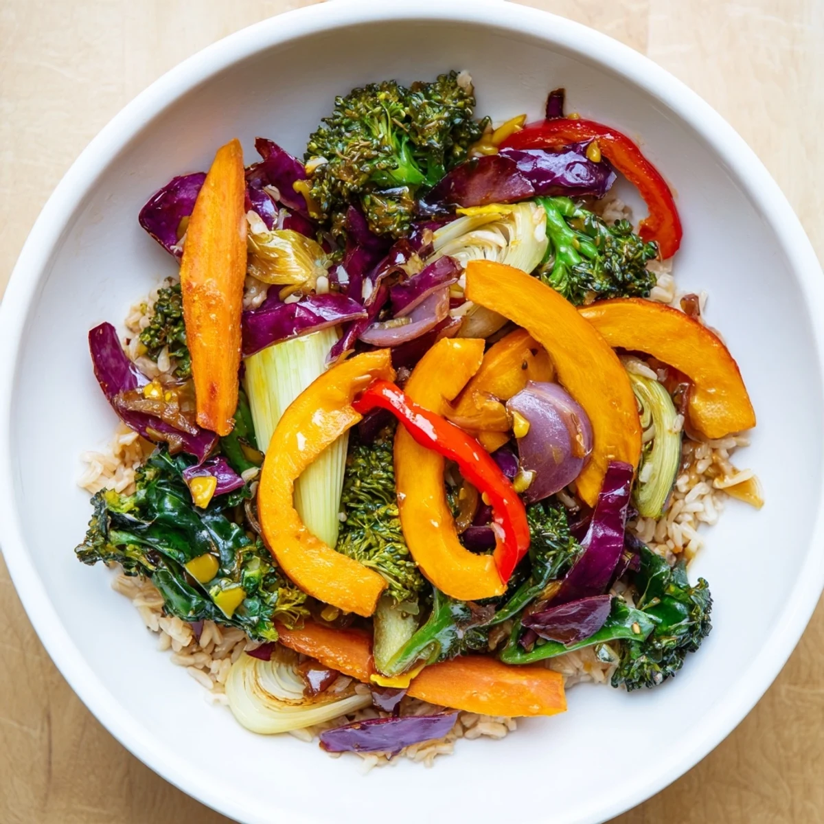 Quick Winter Vegetable Stir-Fry with Rice served, colorful and steamy, ready for a delicious, healthy dinner.