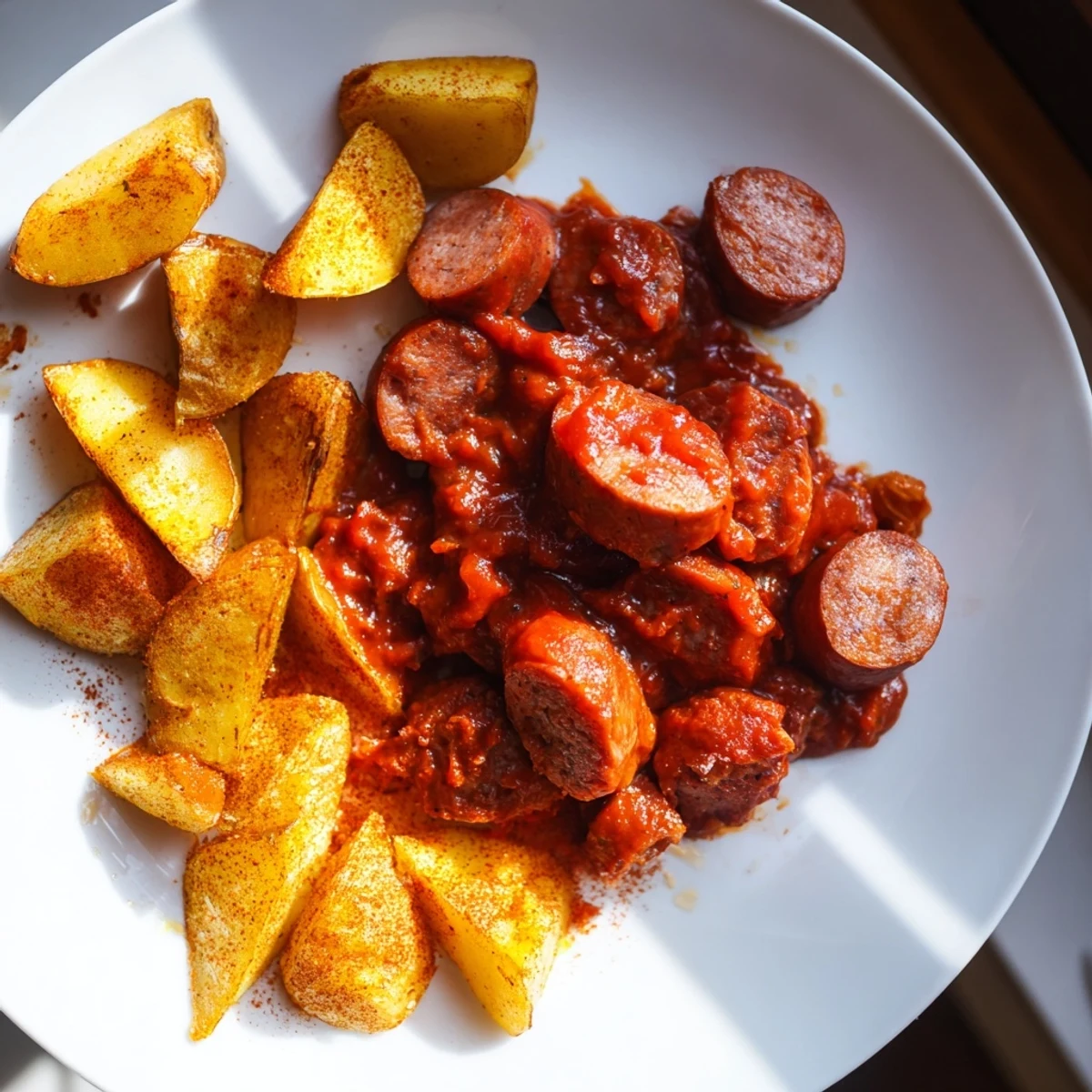 Golden-brown Currywurst with fries, a German street food favorite, ready to savor.
