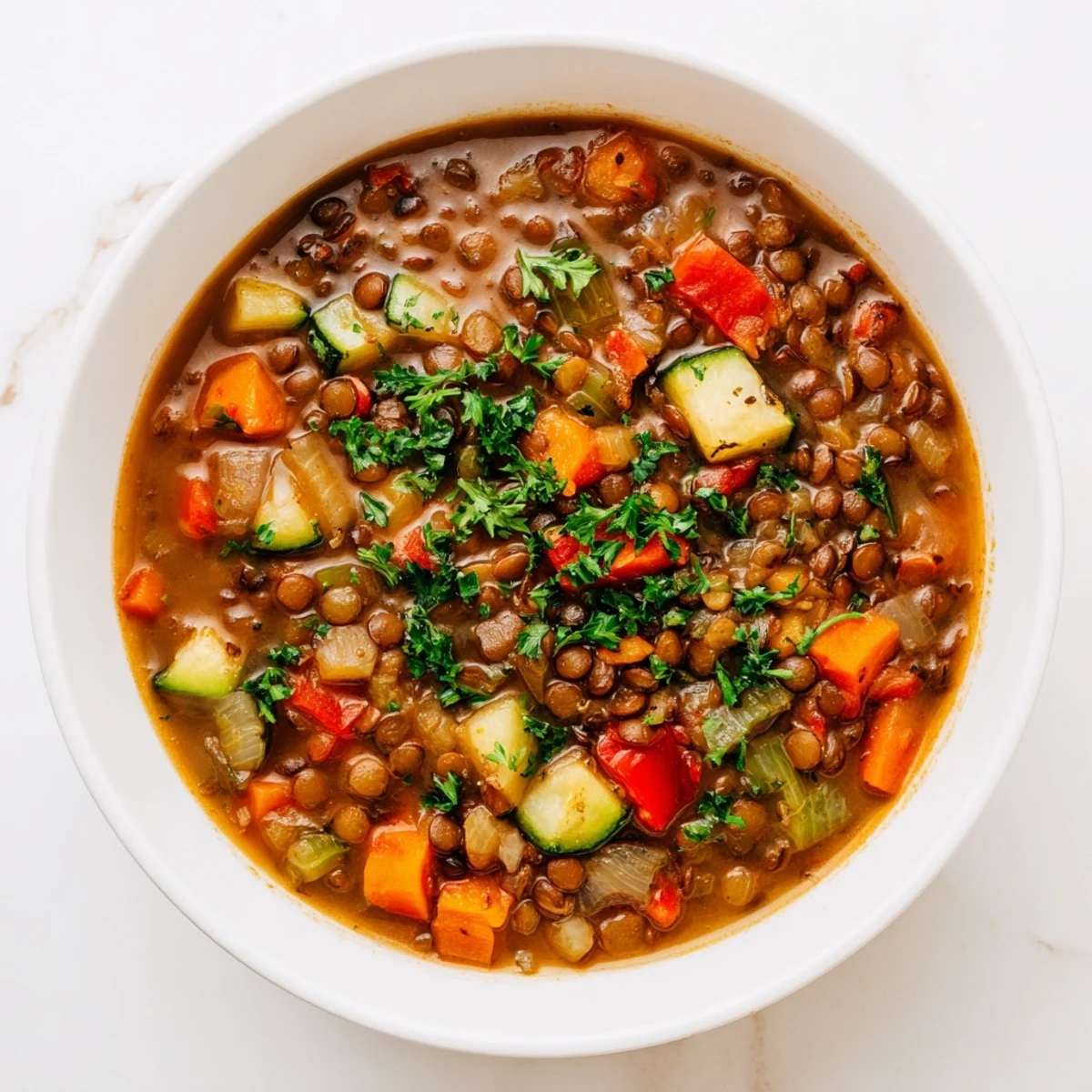 One-Pot Lentil & Vegetable Stew simmering, a comforting blend of vibrant veggies and hearty lentils.