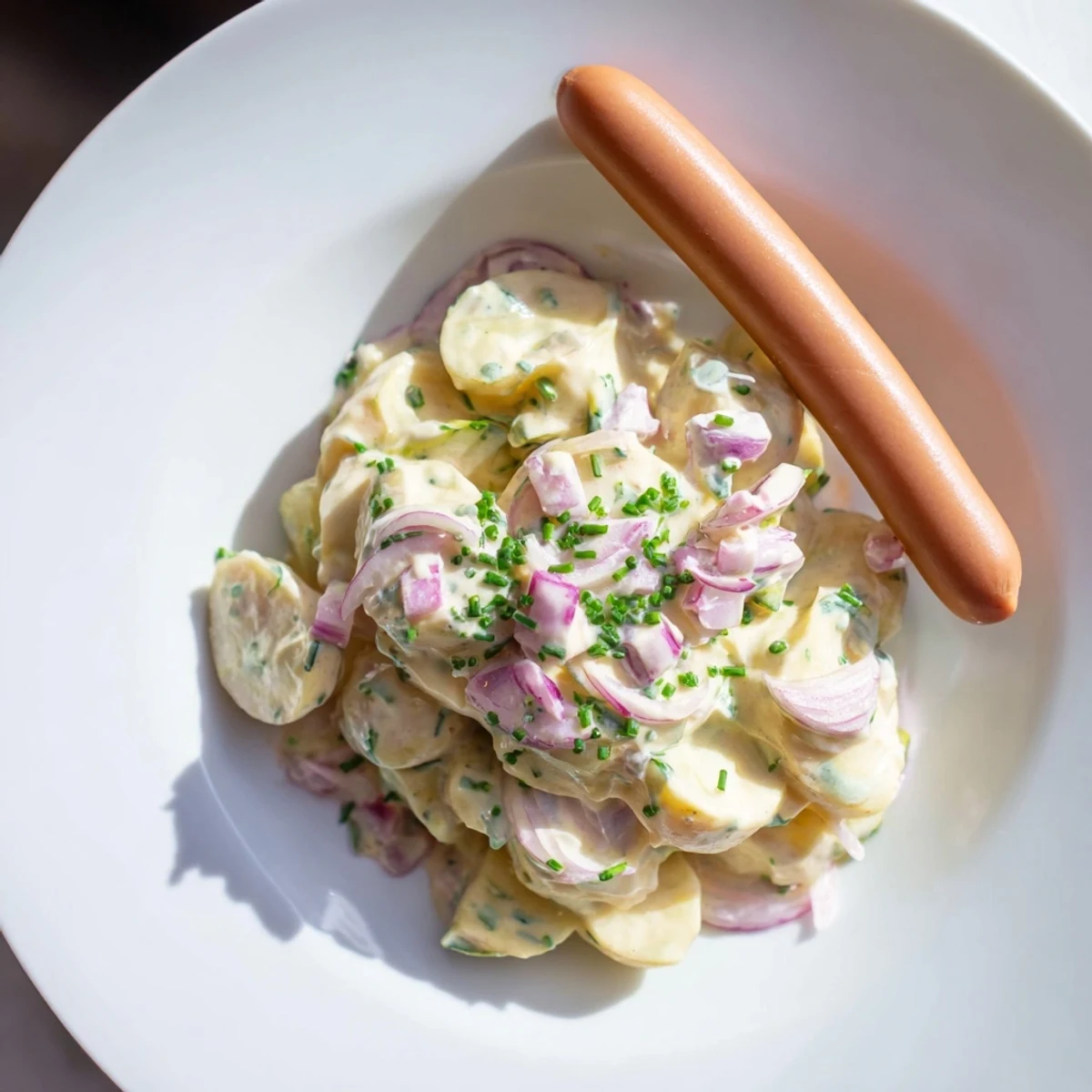 Creamy potato salad with sausages, garnished with chives, a flavorful German classic.