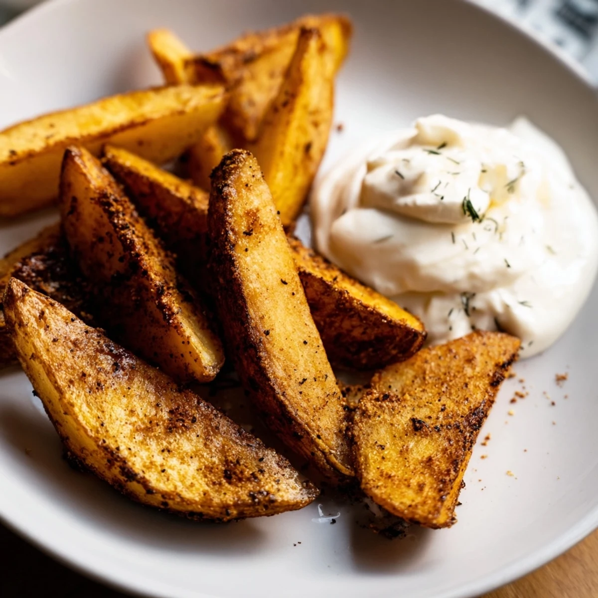 Golden-brown crispy oven-baked potatoes with creamy herb quark, a comforting vegetarian side dish.