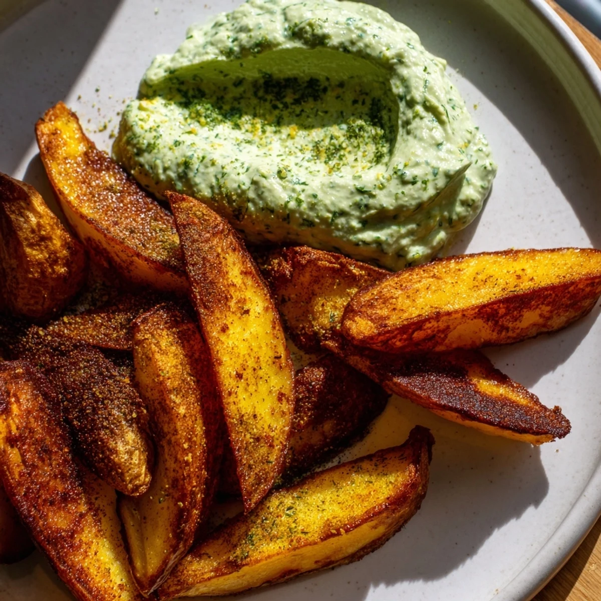 Close-up of crispy oven-baked potatoes, perfectly seasoned, served alongside fresh herb quark dip.