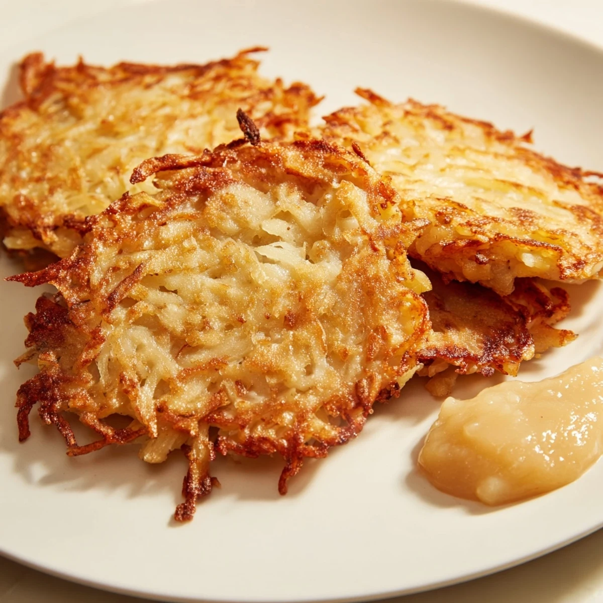 Crispy German potato pancakes, pan-fried to perfection, are served warm with applesauce.