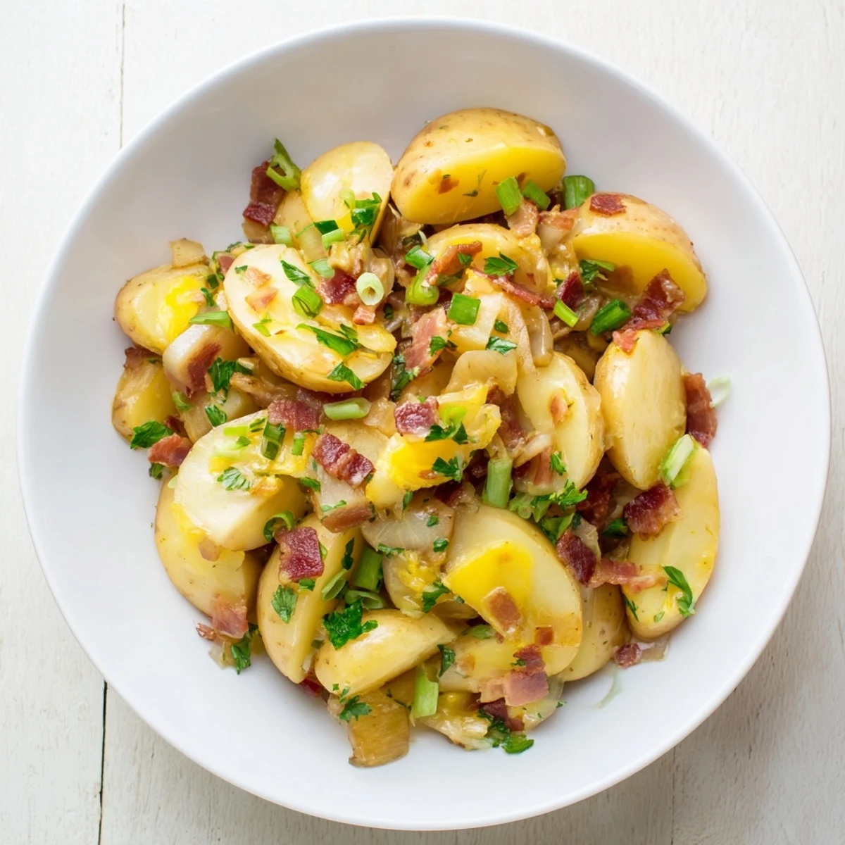 Warm German Potato Salad: a bowl brimming with tender potatoes and crispy bacon, ready to serve.