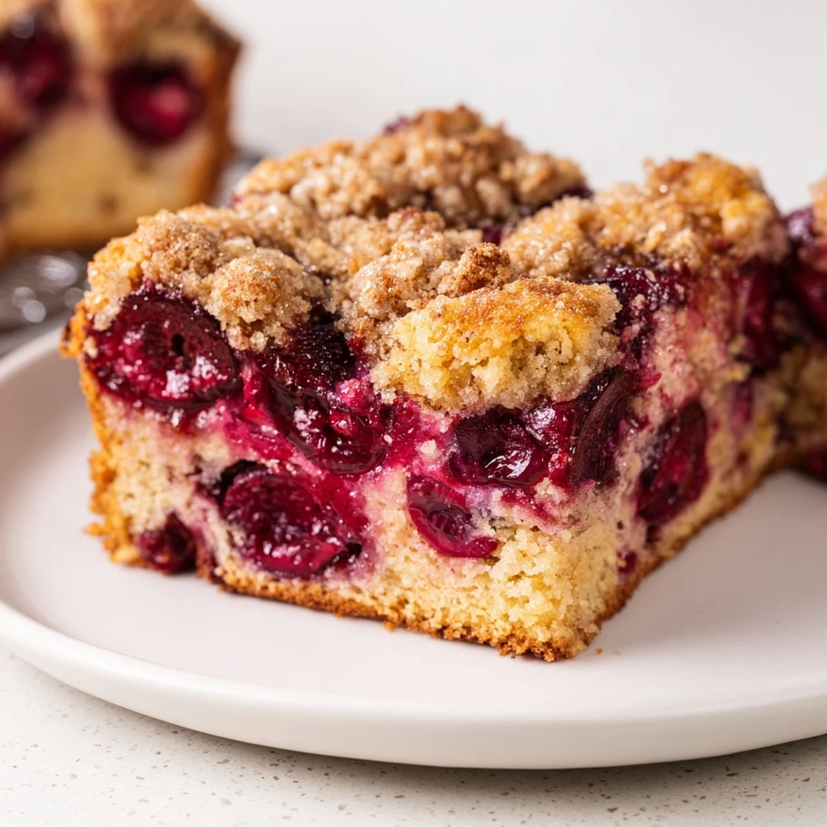Moist German Cherry Coffee Cake slice revealing tart cherry filling, ready to serve with coffee.