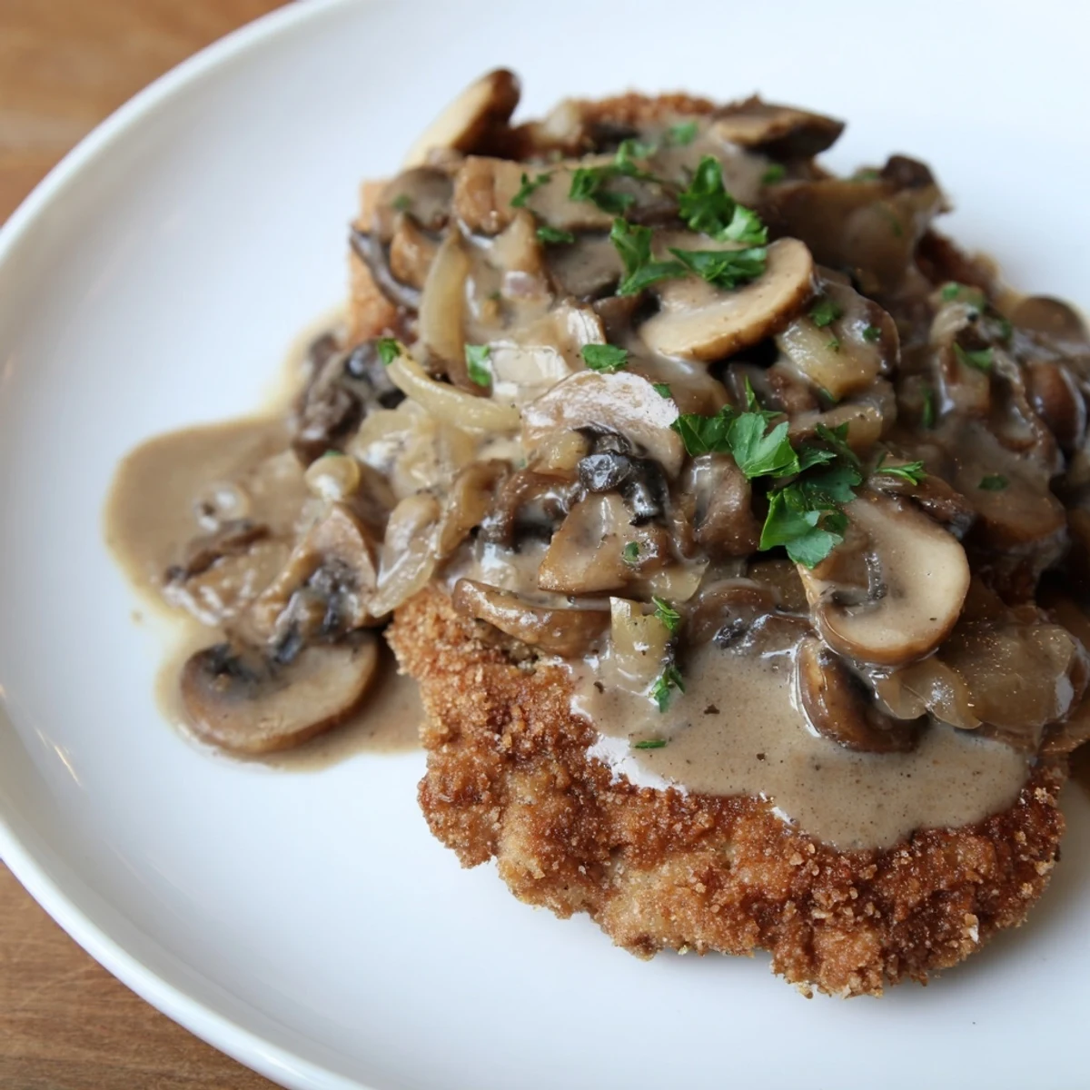 Golden-brown Hunters Schnitzel, fresh from the skillet, served with creamy mushroom sauce and parsley.