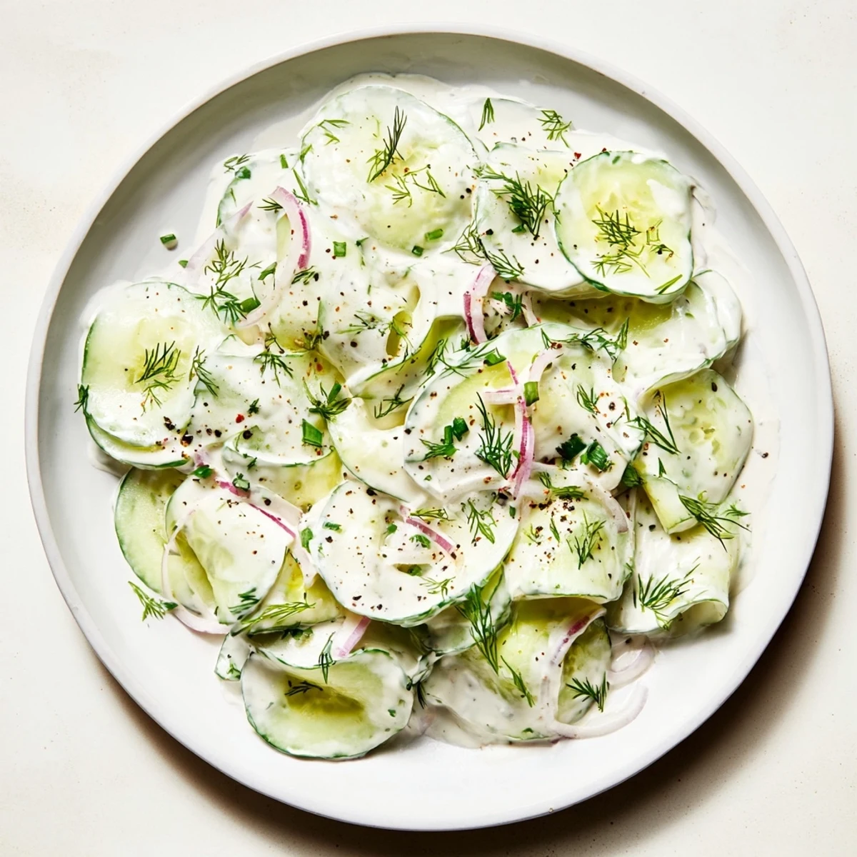 Tangy Omas German Cucumber Salad shows cucumber slices and creamy dressing ready to eat.