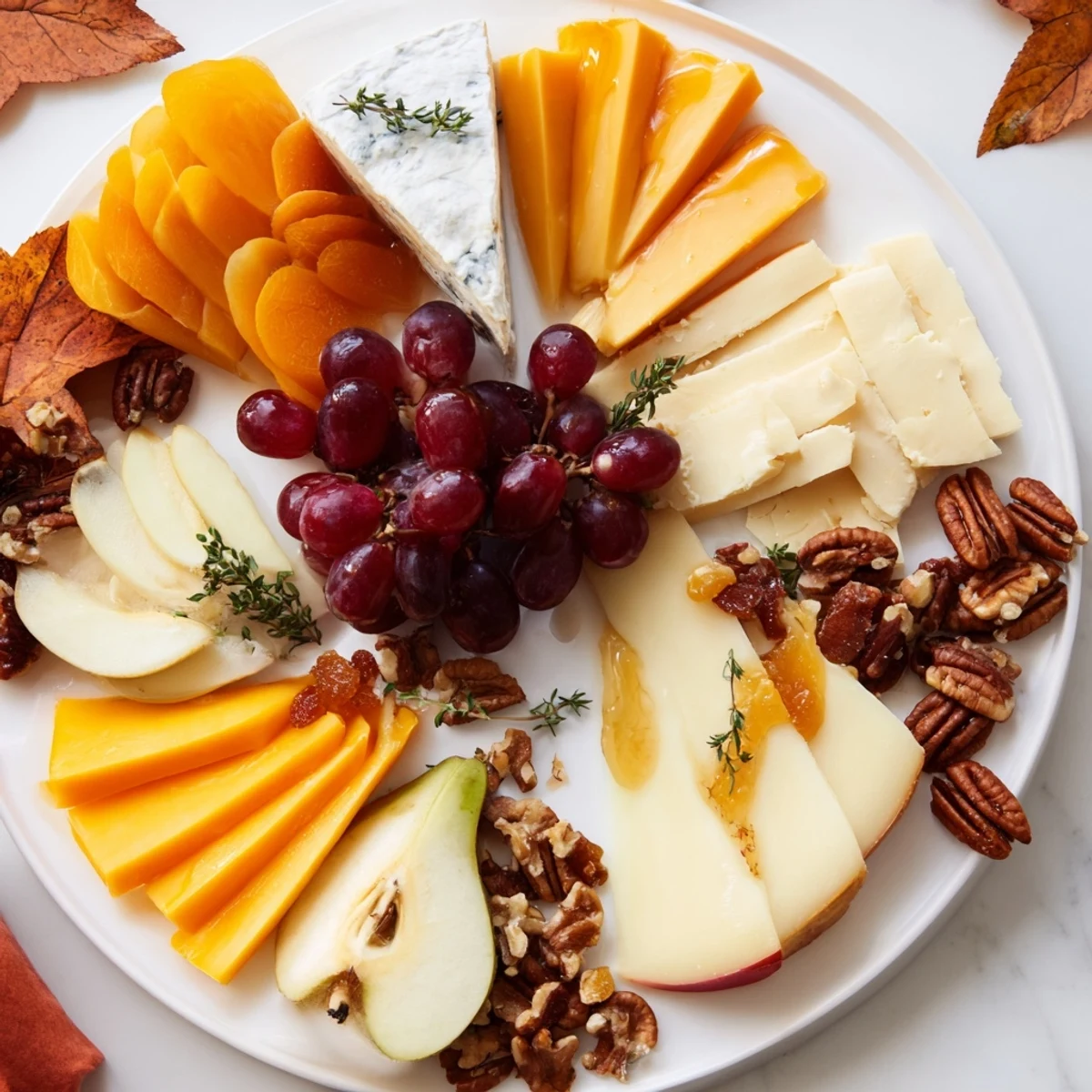 Autumn Leaf Cheese Platter, a delightful appetizer, overflowing with colorful cheeses, fruits, and crackers.