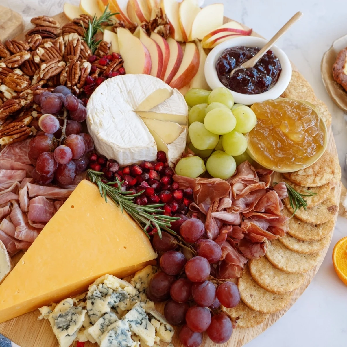 This colorful Jingle Bell Cheese Board offers a delicious assortment of cheeses, meats, and festive garnishes for entertaining.