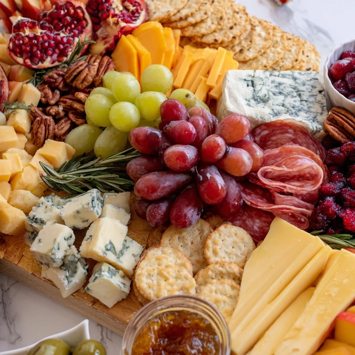 Festive Jingle Bell Cheese Board with an array of cheeses, fruits, and crackers perfect for a holiday party.