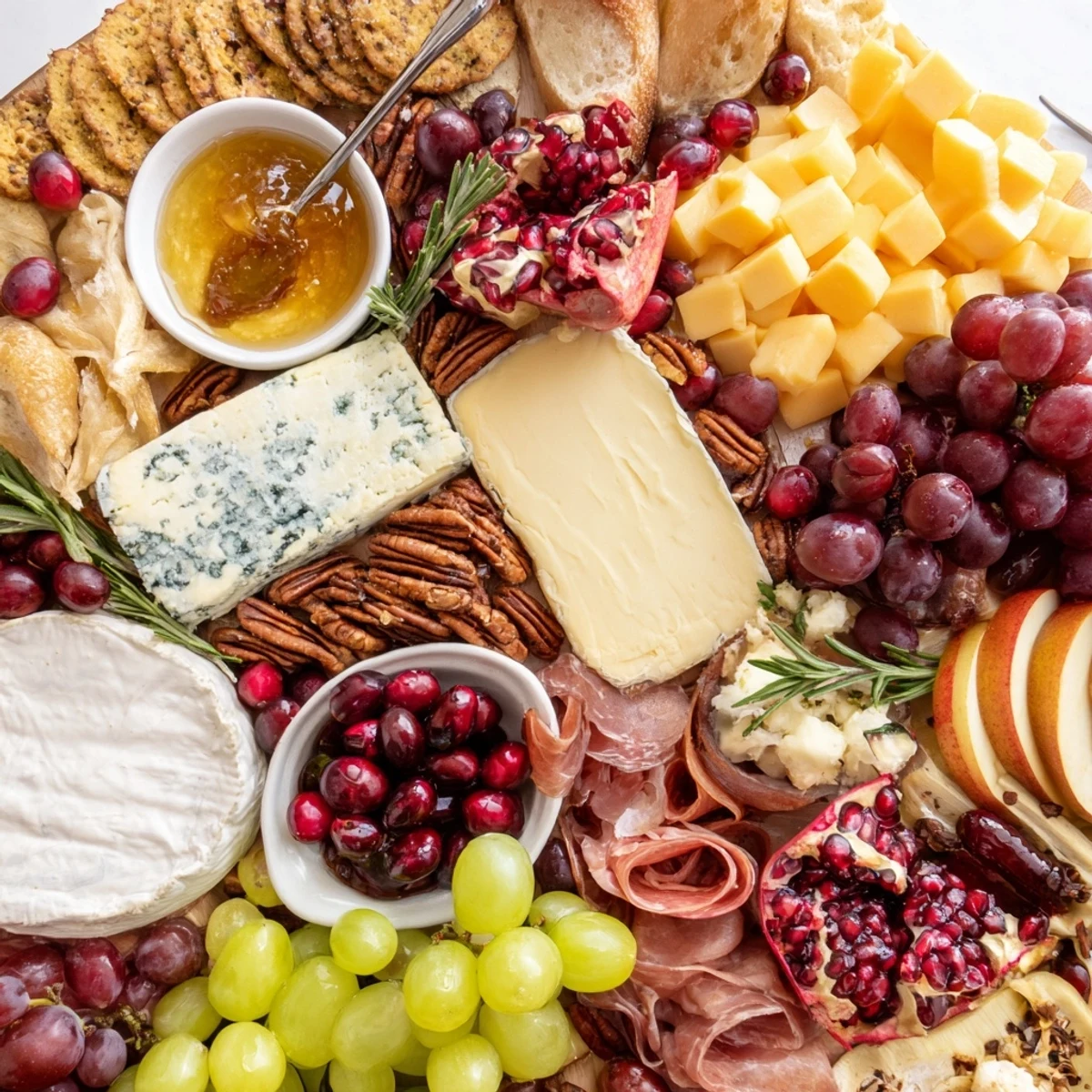 Prepare your taste buds for this elegant Jingle Bell Cheese Board, complete with a delightful mix of sweet and savory flavors.
