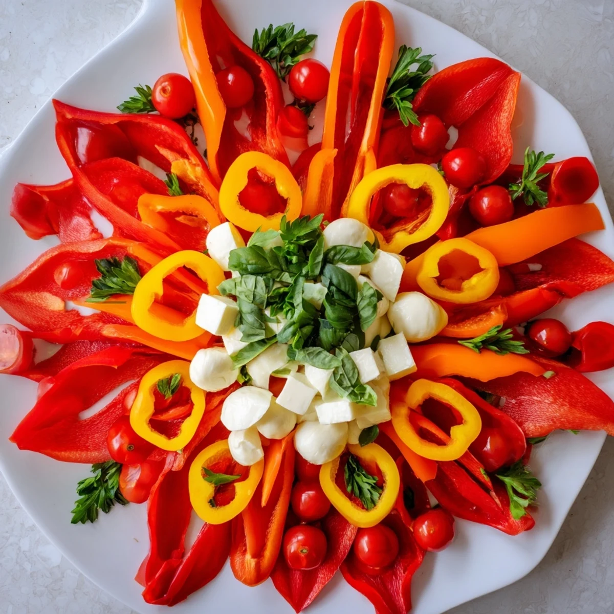 Festive Poinsettia Platter: A vibrant display of colorful vegetables and cheeses, ideal for a holiday appetizer.