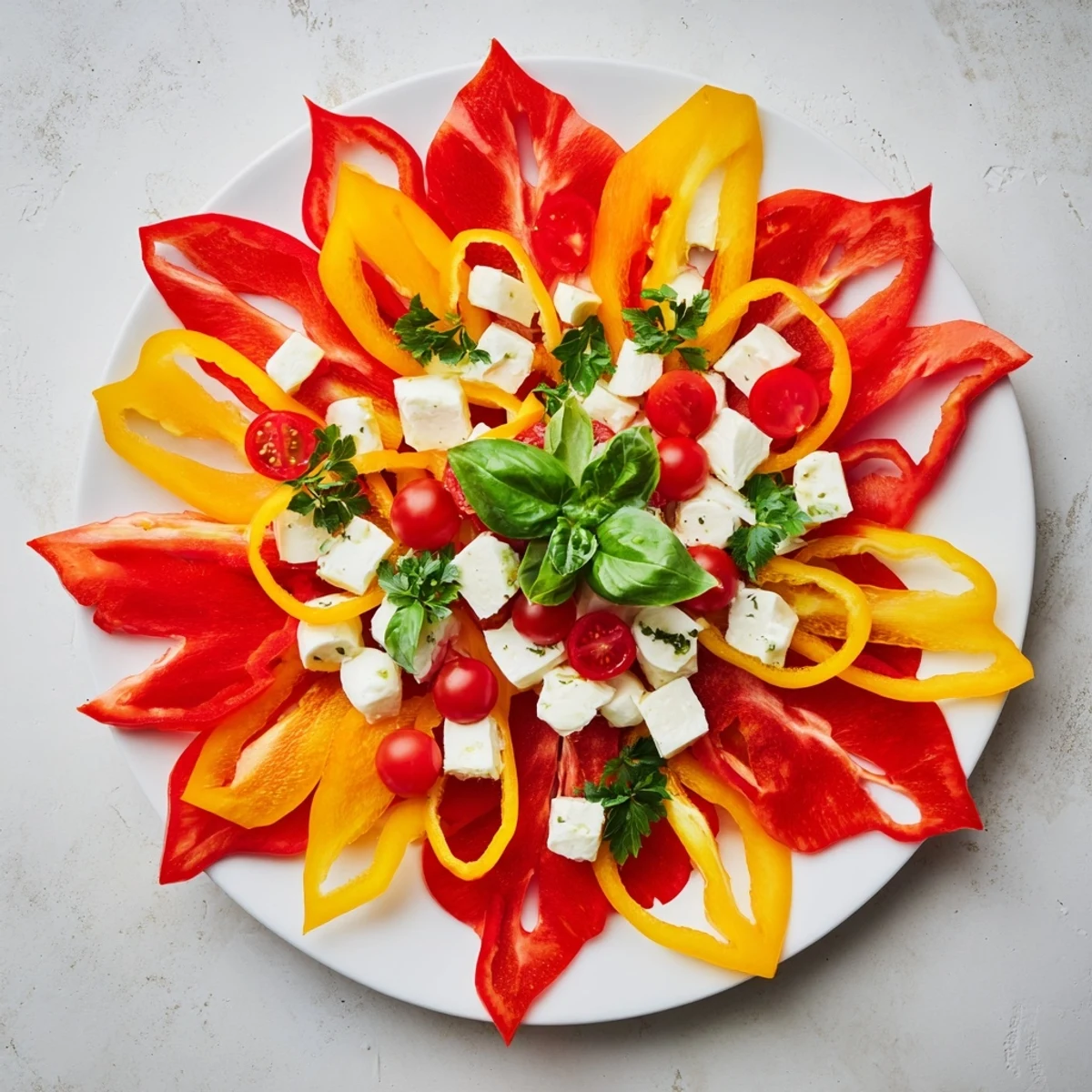 Bright red Festive Poinsettia Platter featuring bell peppers, tomatoes, and mozzarella arranged beautifully.