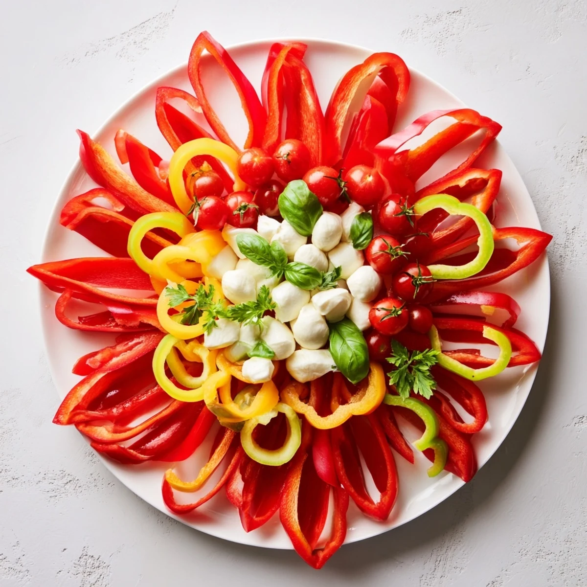 This healthy Festive Poinsettia Platter showcases red and yellow peppers, a fresh holiday appetizer.