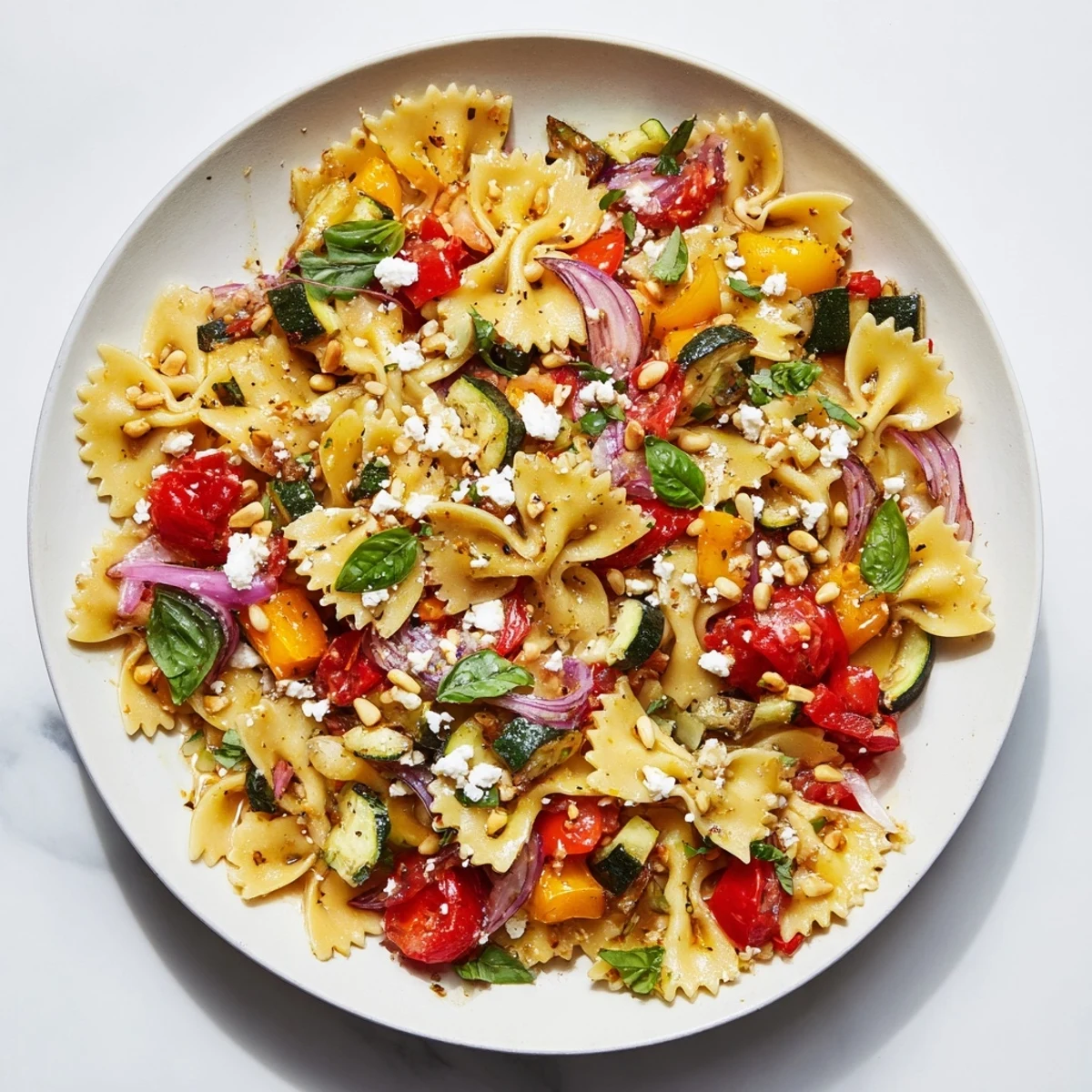 Warm, colorful Festive Bow Tie Pasta Platter, showing roasted vegetables and herbs over the pasta.