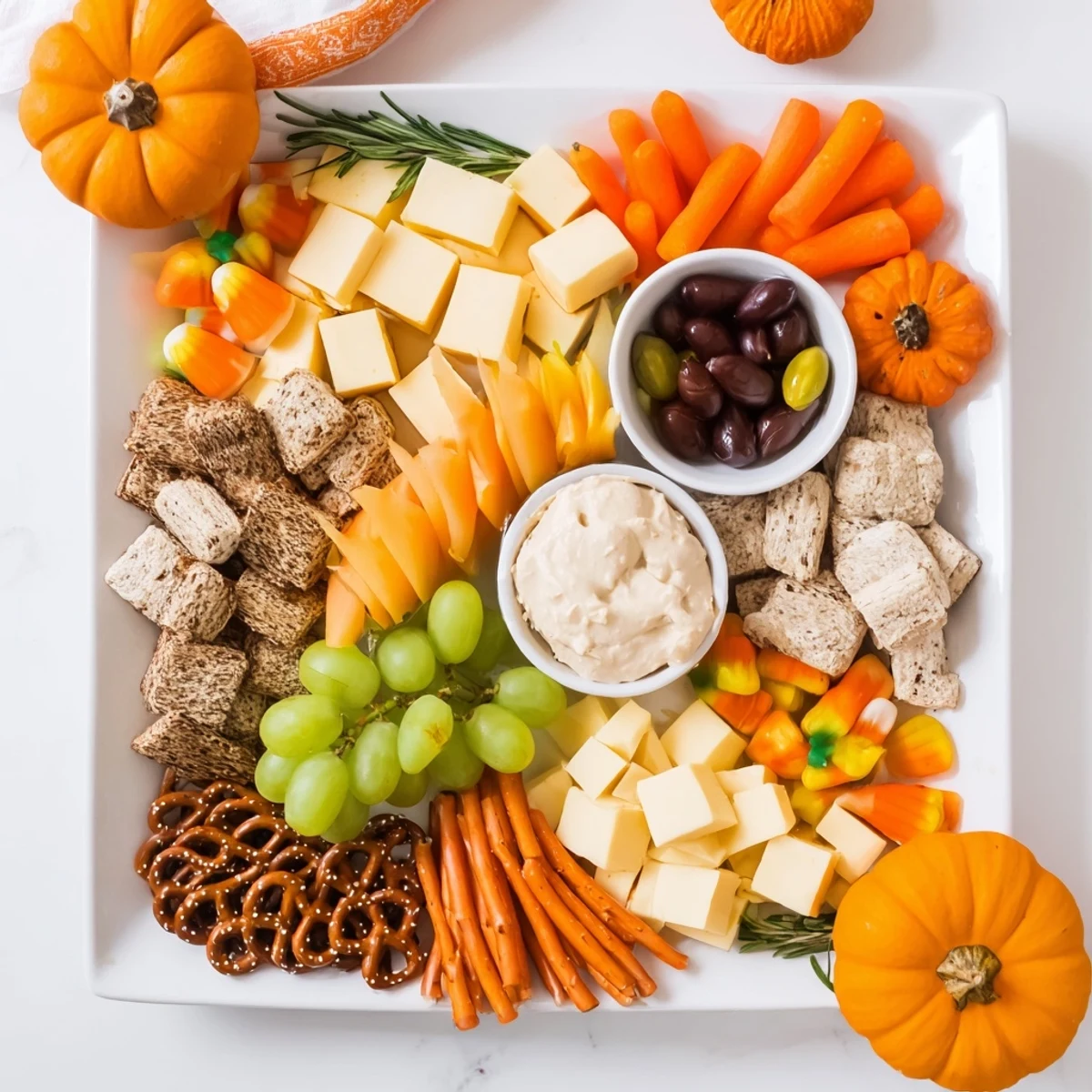 A visually appealing Pumpkin Patch Snack Board with colorful fall fruits, cheeses, and dips.