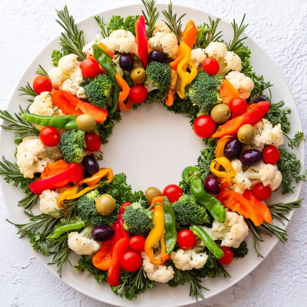 Vibrant Garland Veggie Wreath: a visually stunning arrangement of fresh vegetables perfect for a party.